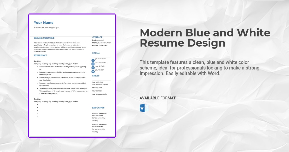 Free Download Modern Blue And White Resume Design Template docx 